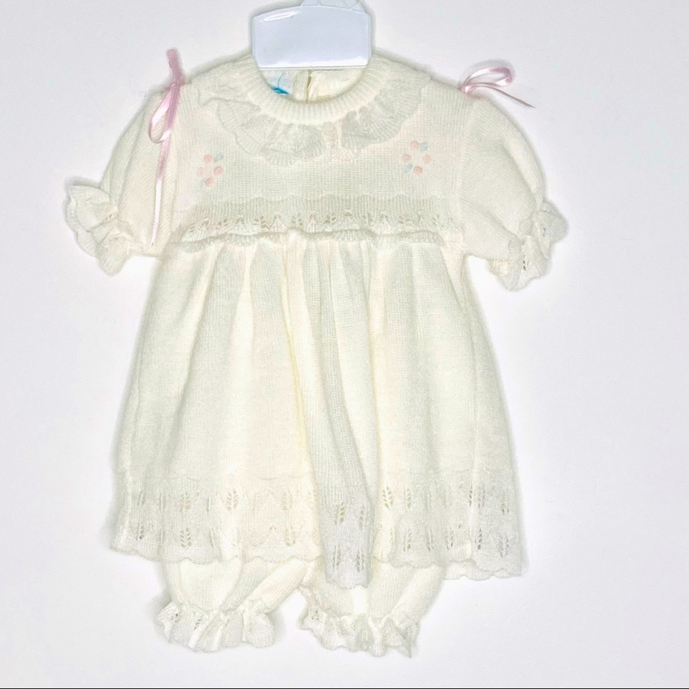 Vintage Heirloom Ivory and Lace Knit Dress with Bloomers Infant Baby 0-3M